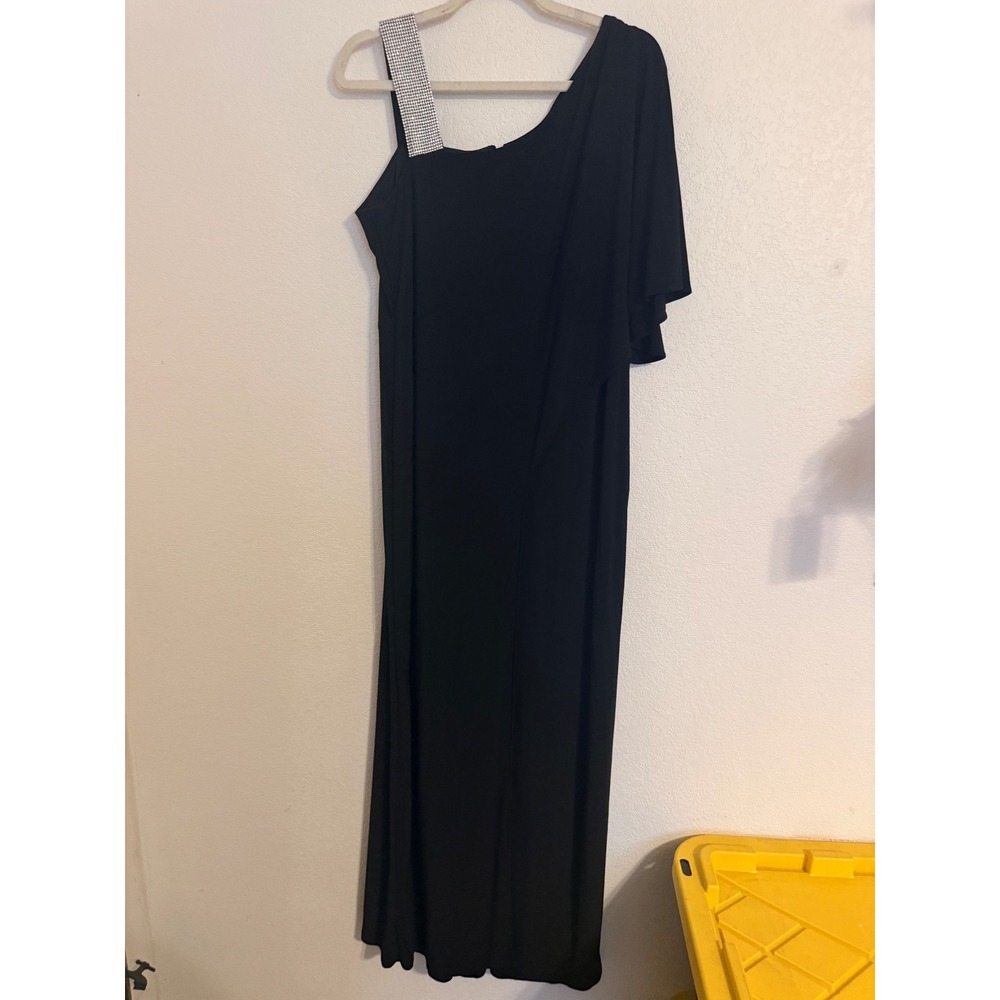 R&M Richards Womens Black One Shoulder Rhinestone Strap Maxi Evening Gown 16